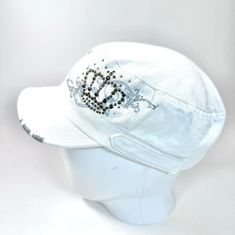 Hard Rock Couture Glam Rock Rhinestone Peace Sign Cadet Hat White Adjustable